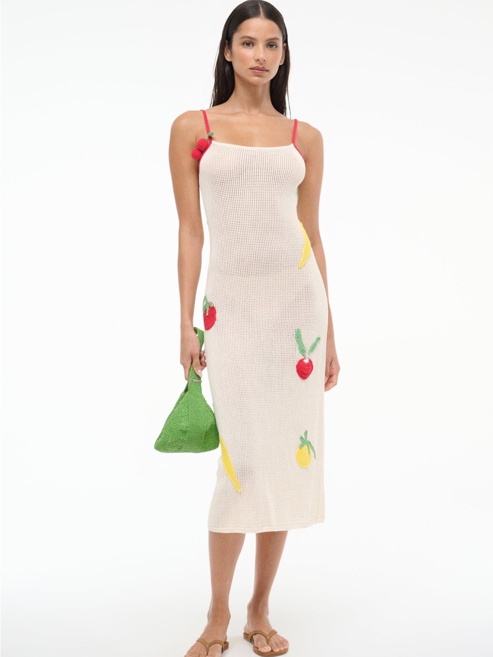 STAUD Cream Knit Midi Dress with Red, Yellow & Green Fruit Accents